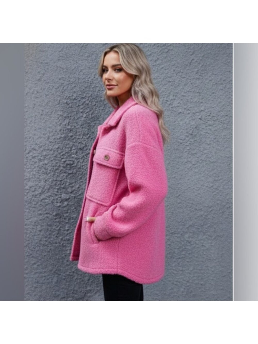 Flap Pocket Drop Shoulder Teddy Coat Jacket Pink - Picture 5 of 10